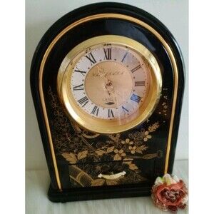 Vintage Yamanaka Mantel Clock Floral Design Goldtone Trim w/ Drawer Japan Works